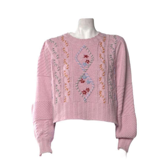 Loveshackfancy Leni Cableknit Crew Neck Pink Embroidered Sweater - Picture 3 of 11